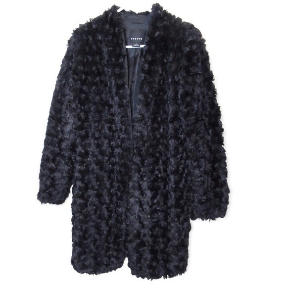 TROUVE Faux Fur Coat Jacket SIze Small Black Mid Length - Picture 1 of 7